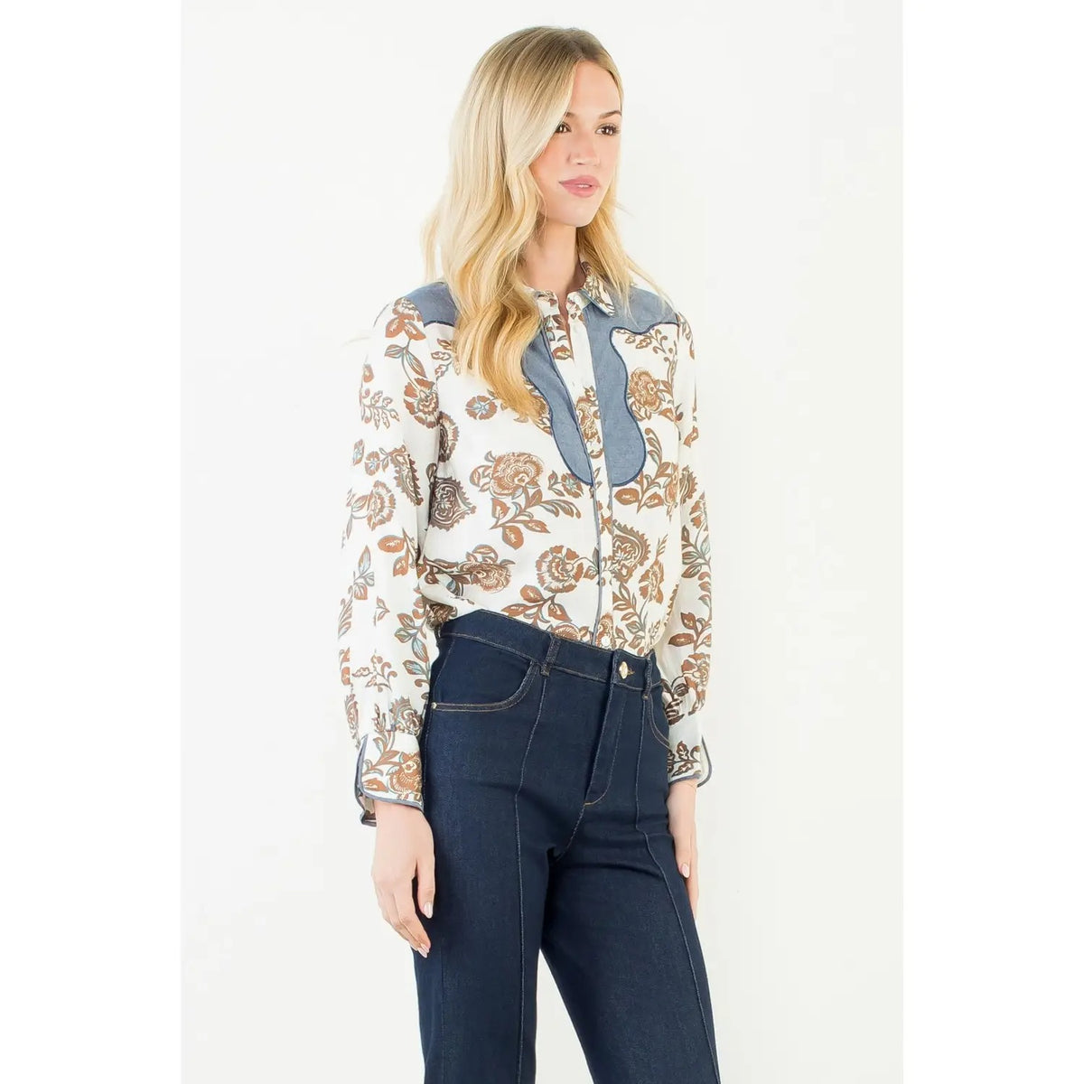 Long Sleeve Floral Detail Button Up Top