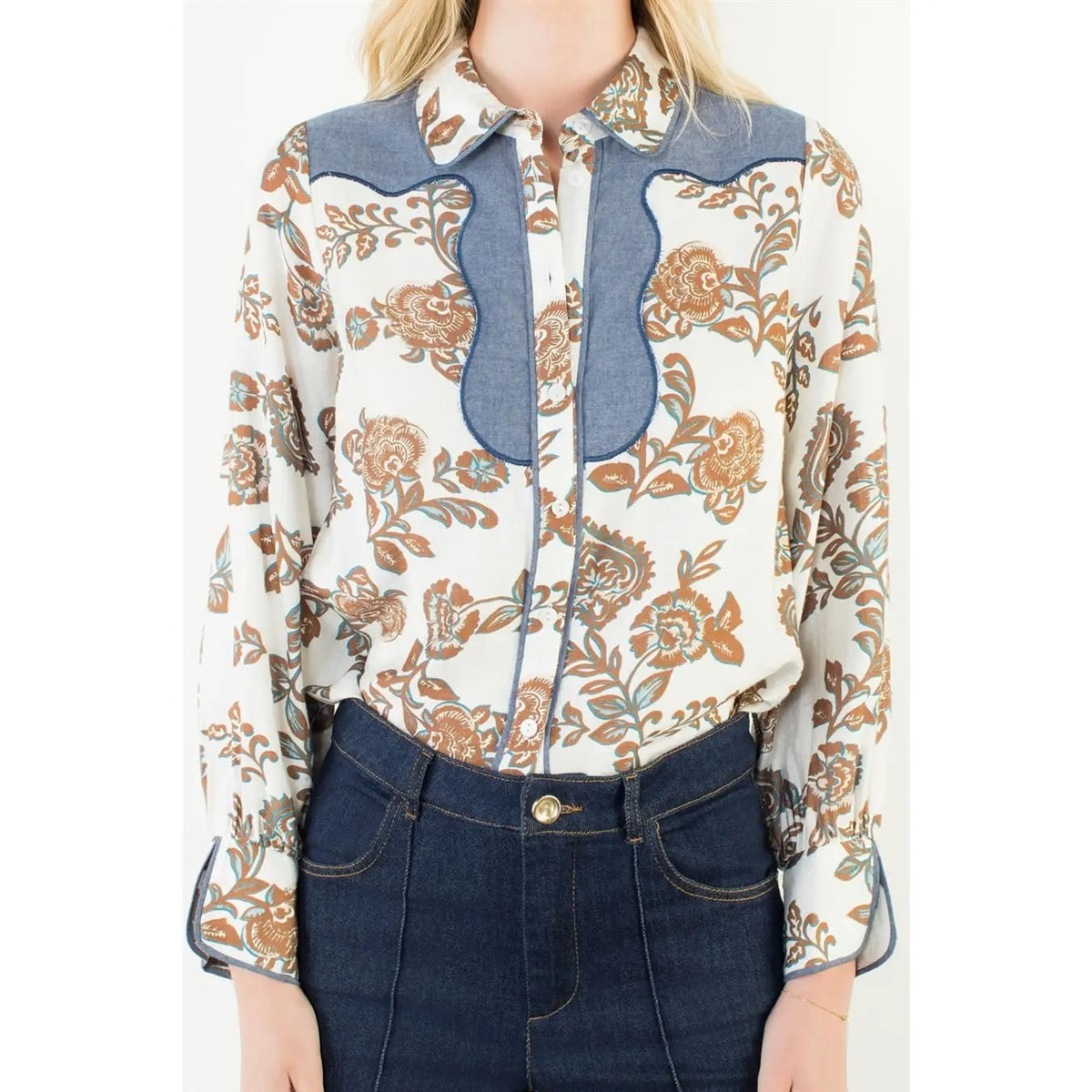 Long Sleeve Floral Detail Button Up Top