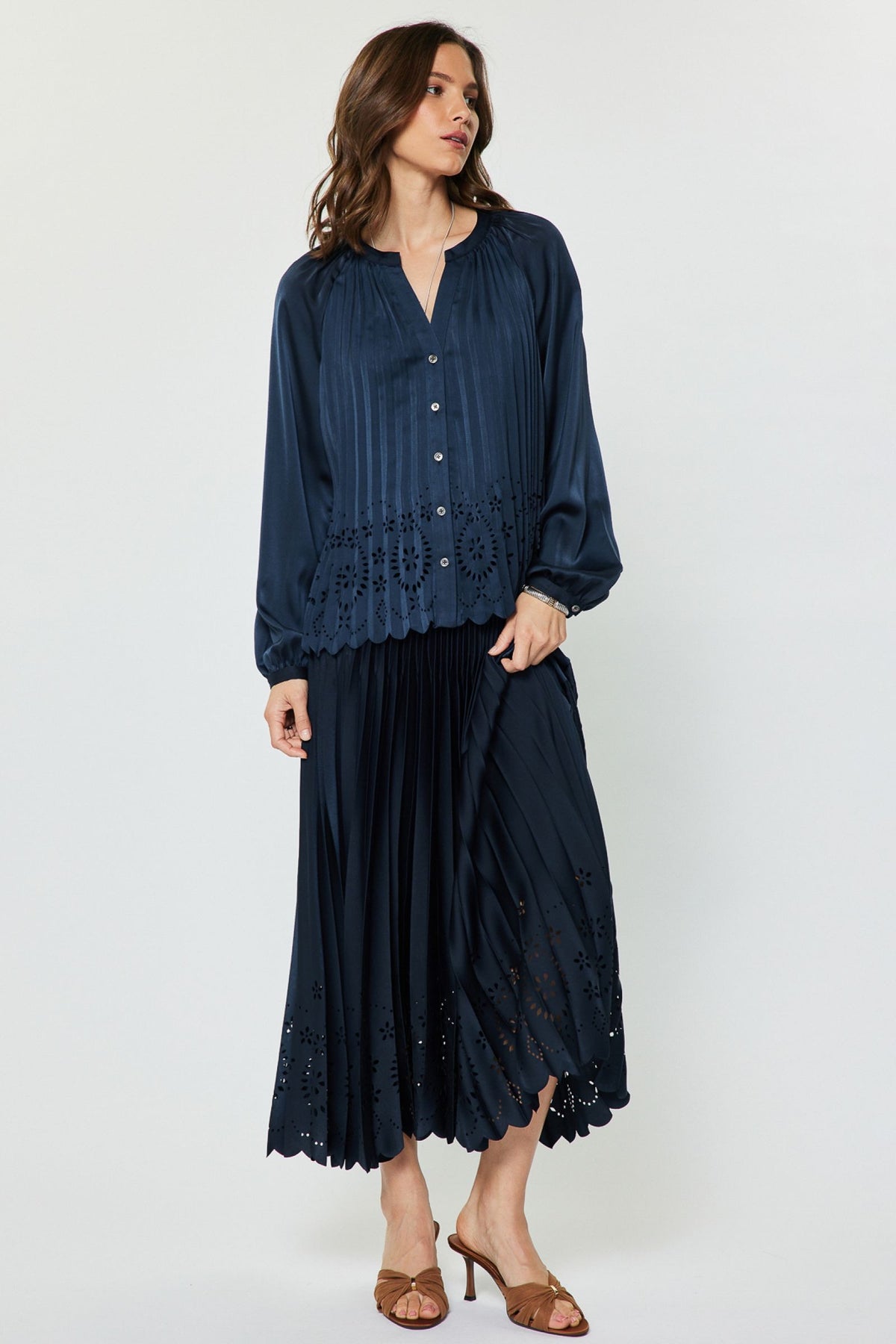 Split Neck Long Sleeve Button Up Eyelet Punching Pleated Top