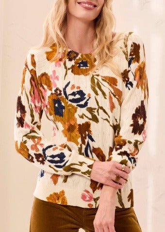 Printed Cable Cotton Crew Neck Sweater