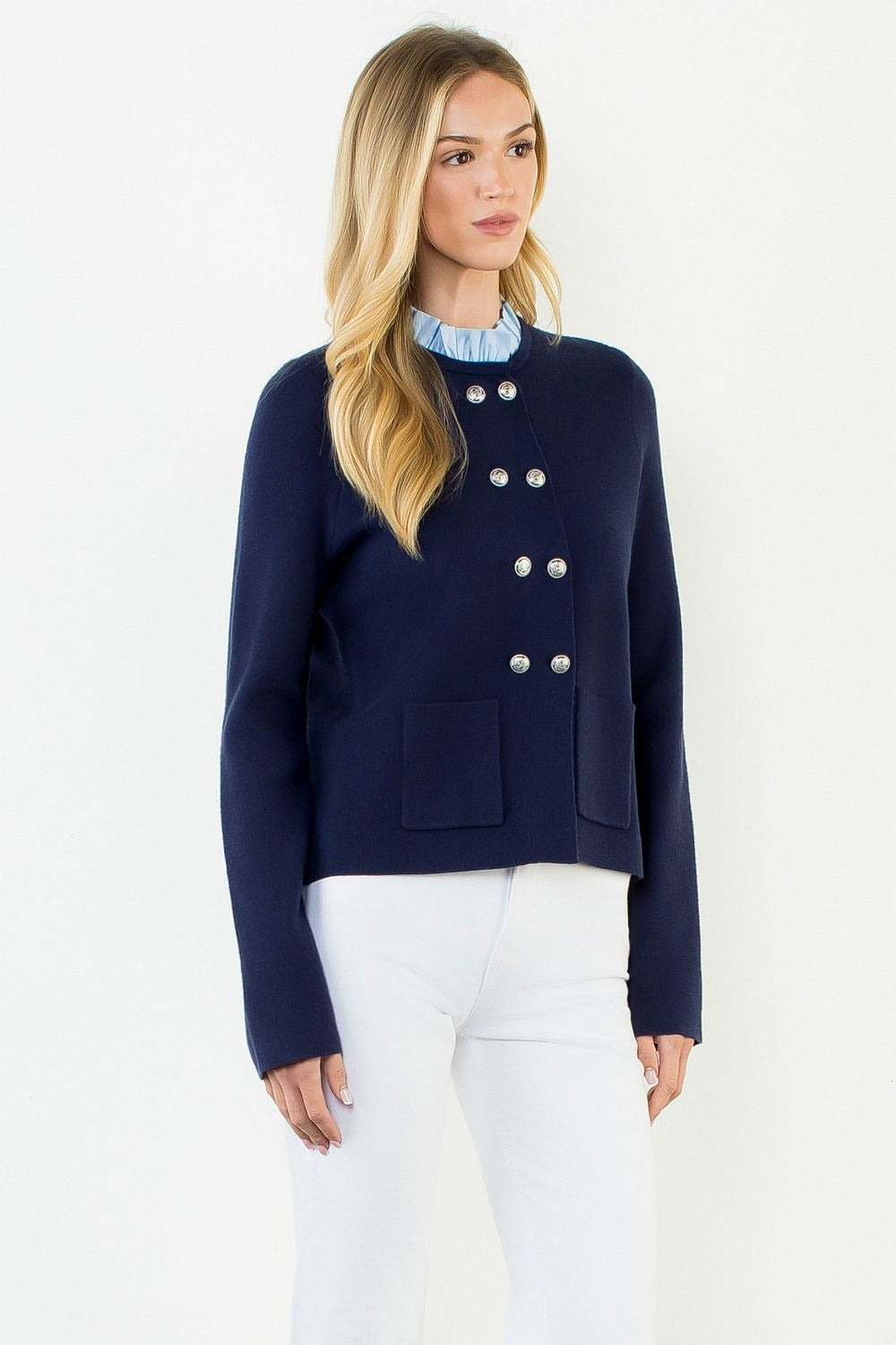 Ruffled Collar Cardigan with Silver Buttons