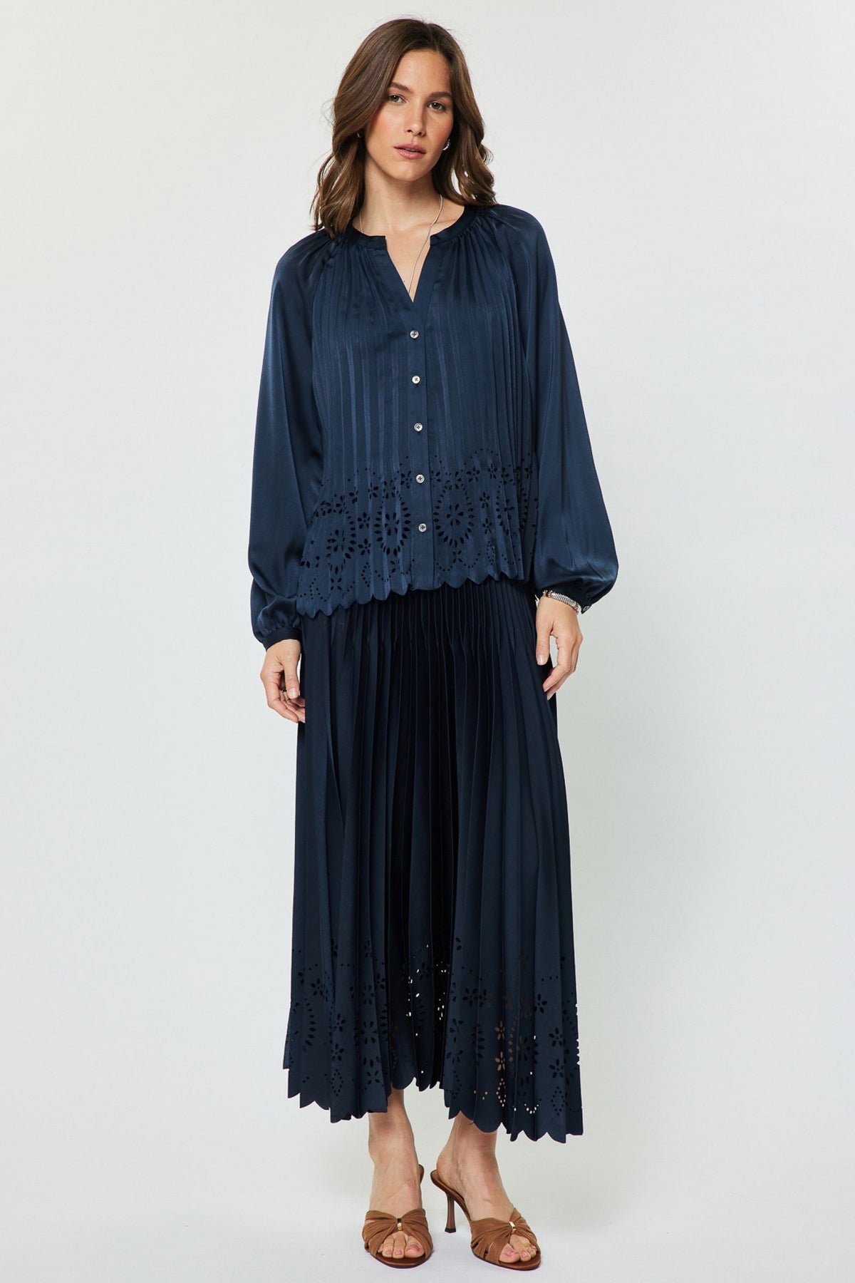 Elasticized Waist Laser Cut Pleated Midi Skirt
