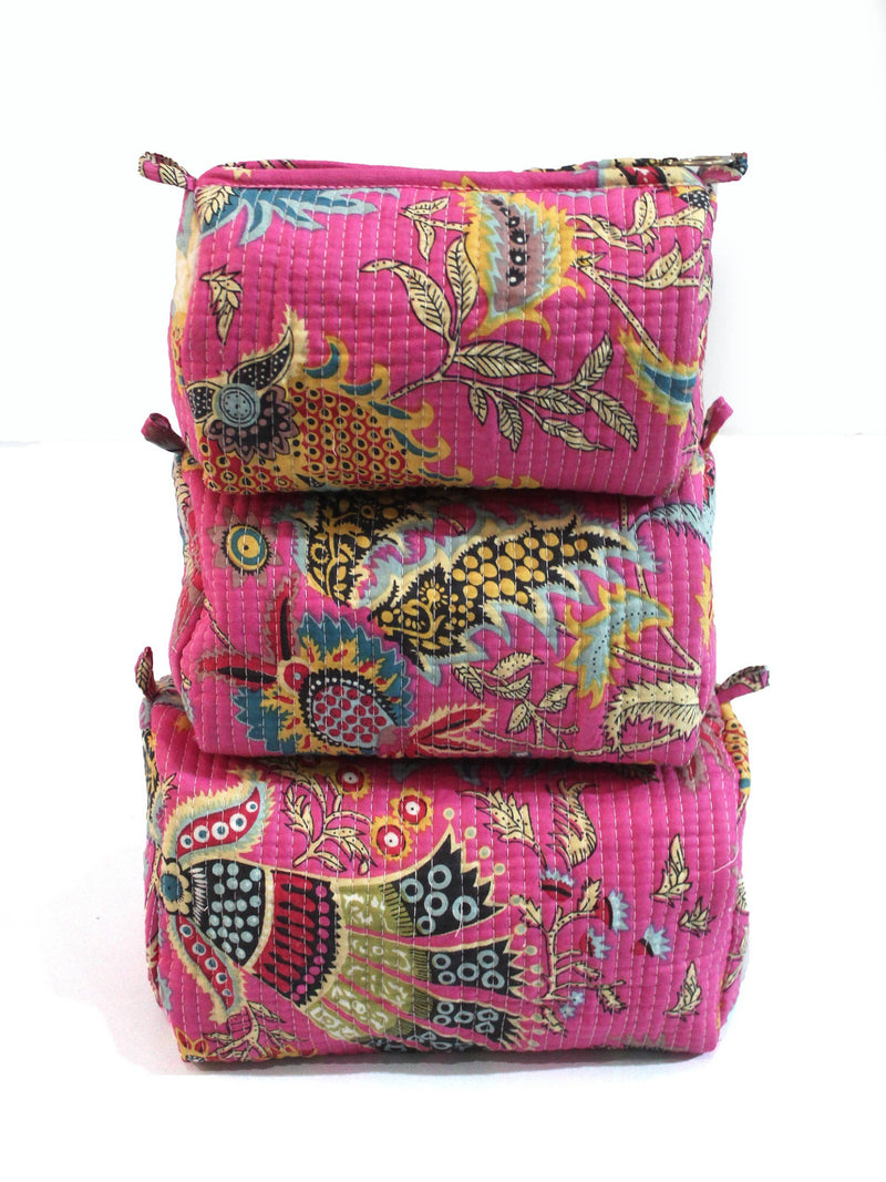 Block Printed Cotton Quilted Makeup Bags (Set of 3)