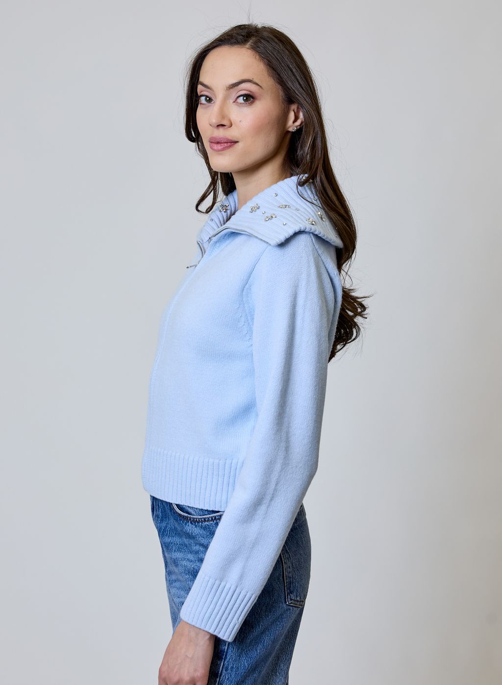 Zip Up Wide Collar Emboidered