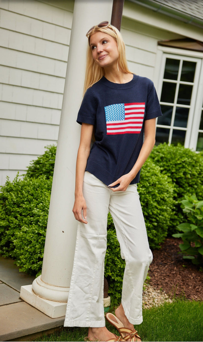 Short Sleeve Flag Sweater - Navy