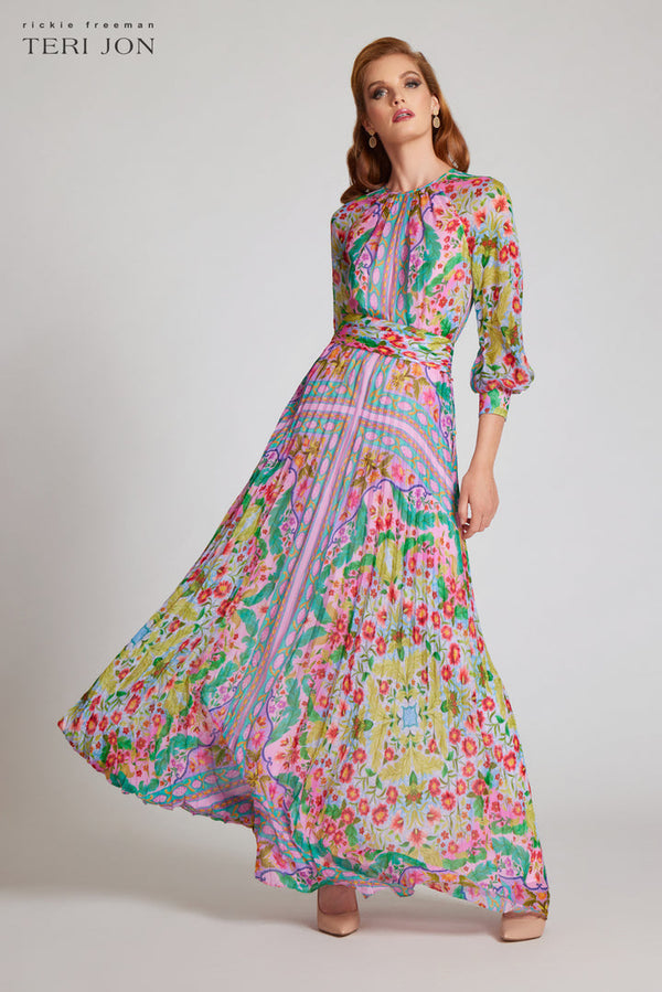 Patchwork Printed Chiffon Pleated Gown
