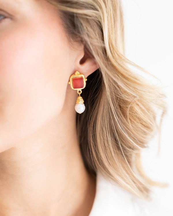 Charlotte Pearl Drop Earrings - Crimson