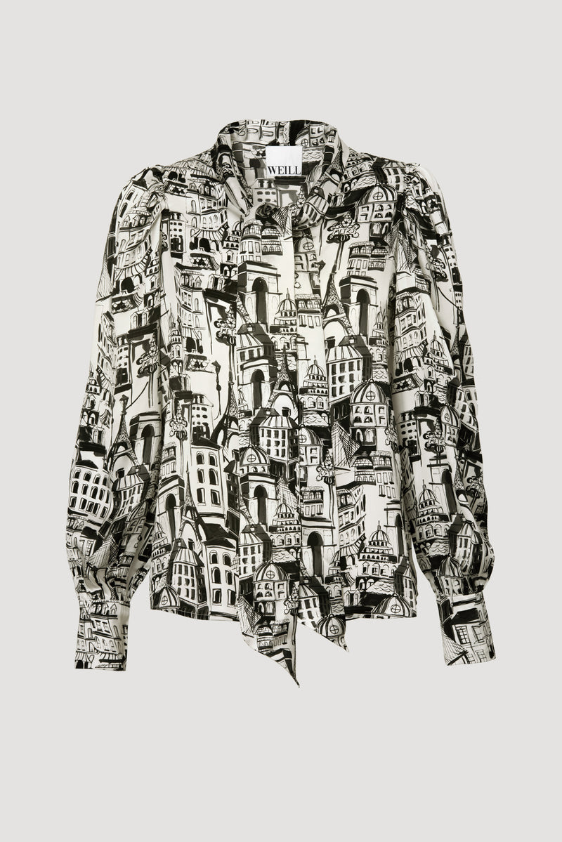 Paris Print Silk Blouse