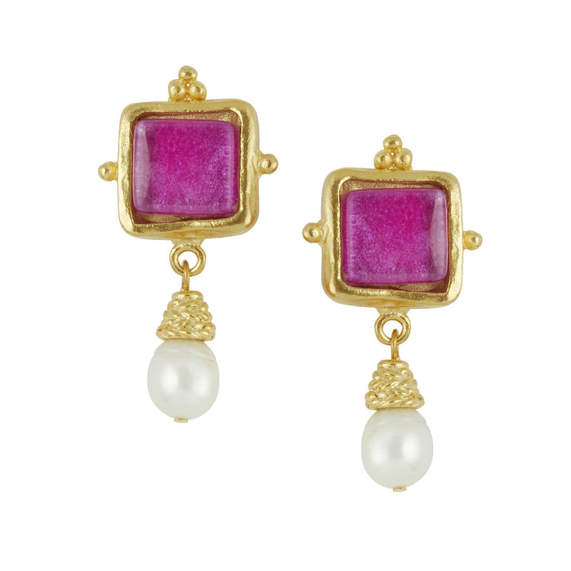 Fuscia Madeline Pearl Drop Earrings