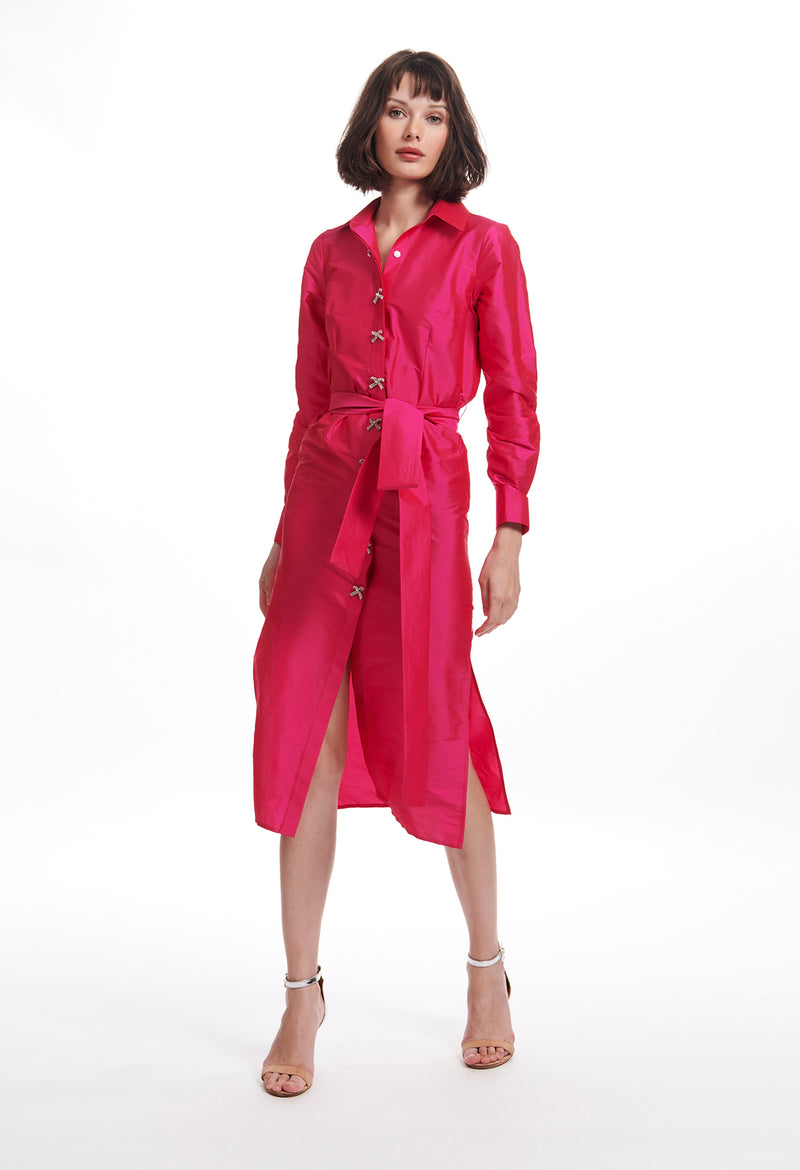 Taffeta Shirtdress With Crystal Bow Buttons - 2 Colors 0 Watermelon