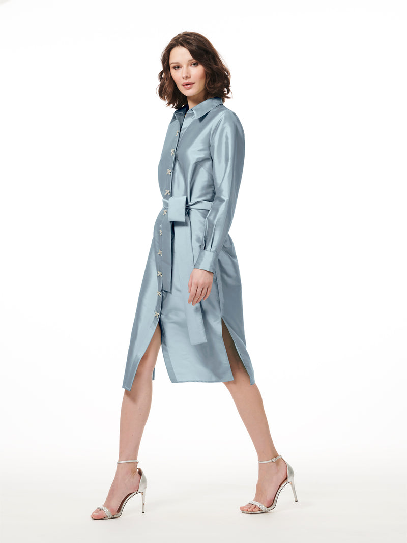 Taffeta Shirtdress With Crystal Bow Buttons - 2 Colors