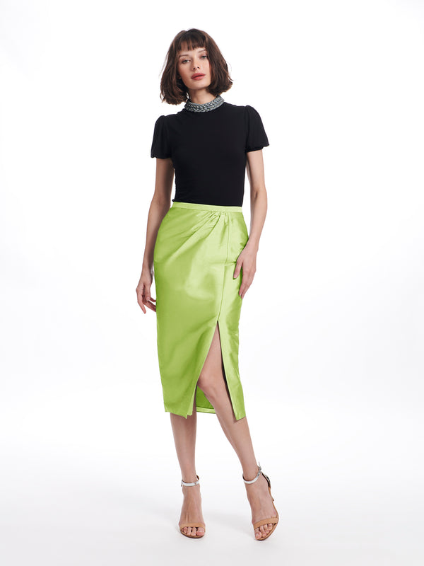 Taffeta Faux Wrap Midi Skirt