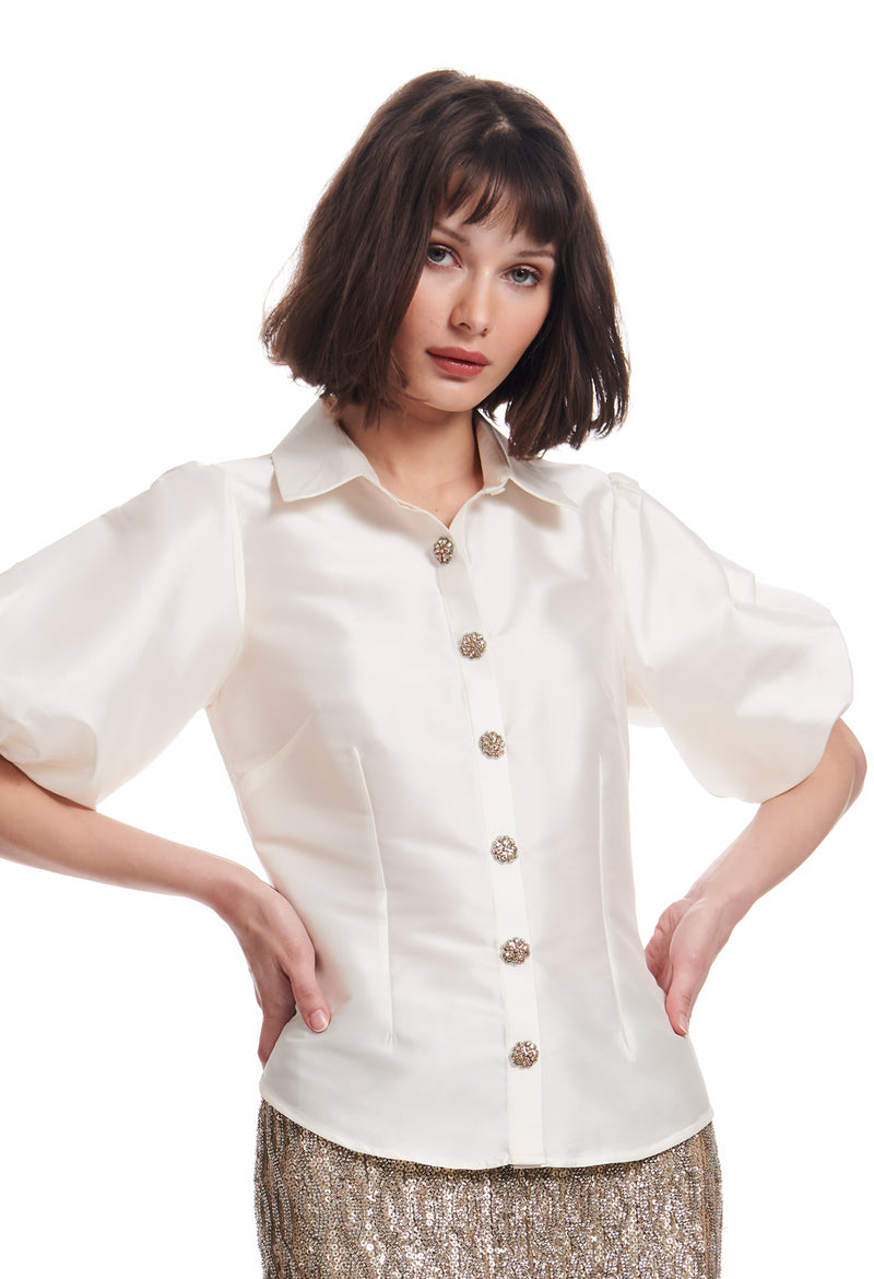 Puff Sleeve Blouse With Floral Medallion Buttons