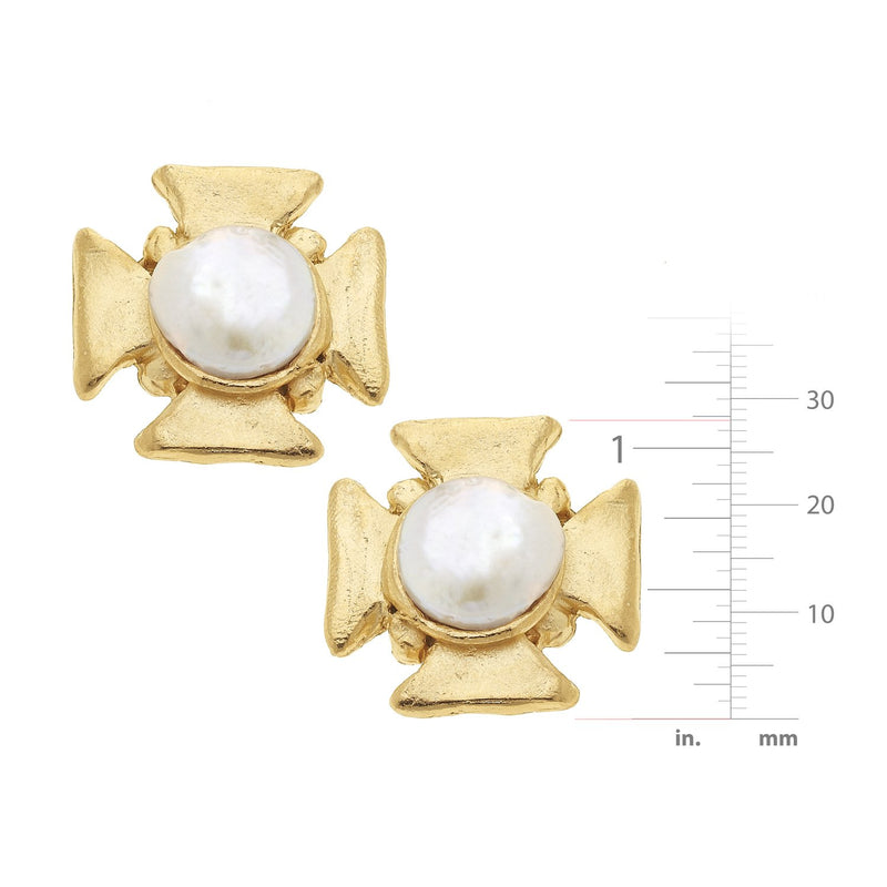 Maltese Cross Pearl Studs