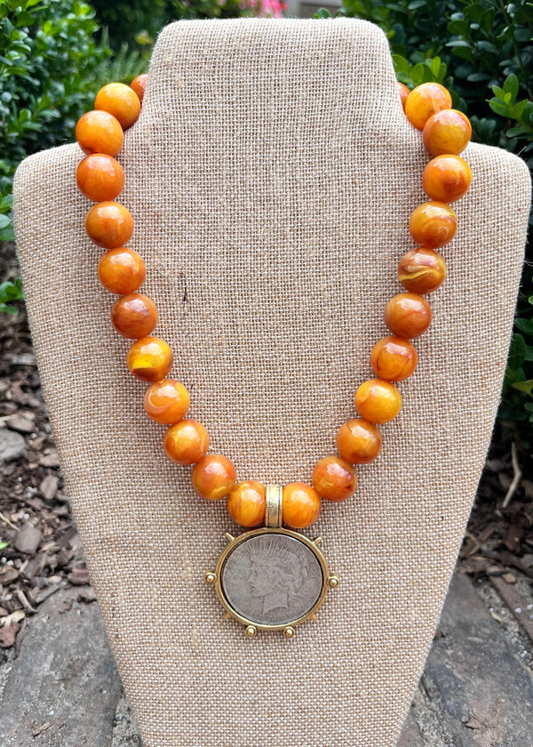 Orange Bead Coin Necklace