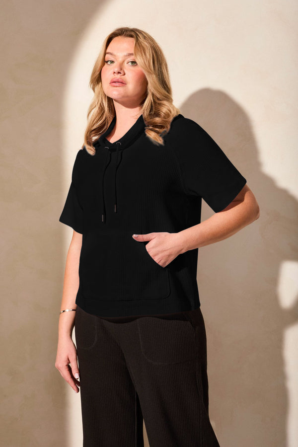 Short Sleeve Funnel-Neck Top With Drawcord