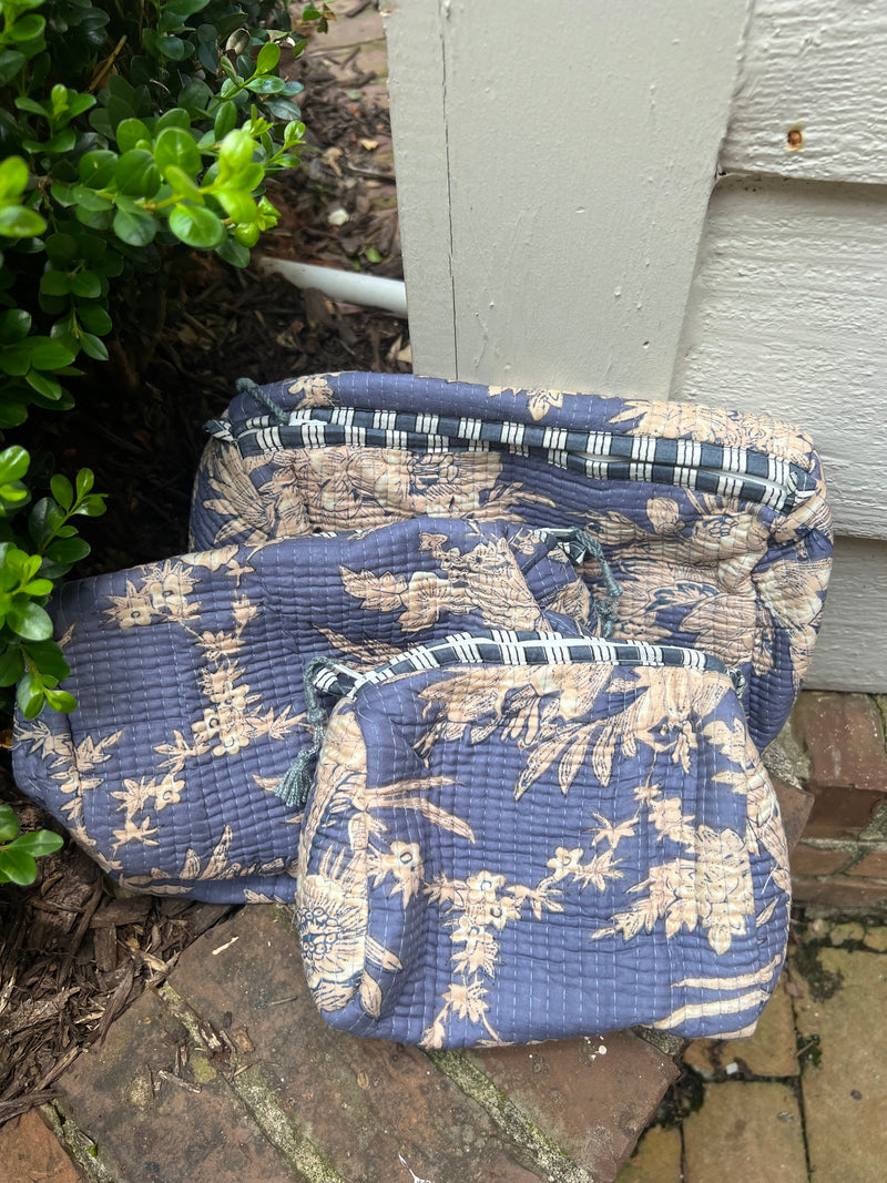 3 Piece Block Printed Cotton Cosmetic Bags
