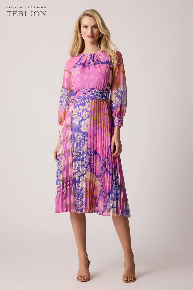 Chiffon Floral Pleated Belted Dress