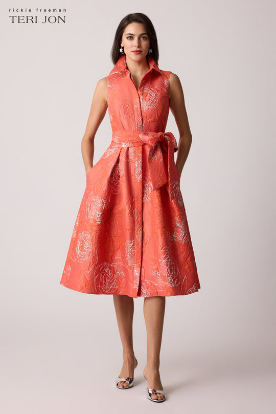 Metallic Floral Jacquard Sleeveless Shirt Dress