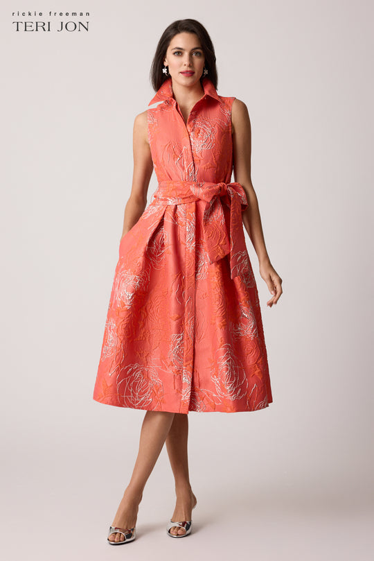 Metallic Floral Jacquard Sleeveless Shirt Dress