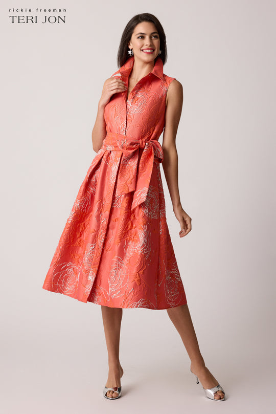 Metallic Floral Jacquard Sleeveless Shirt Dress