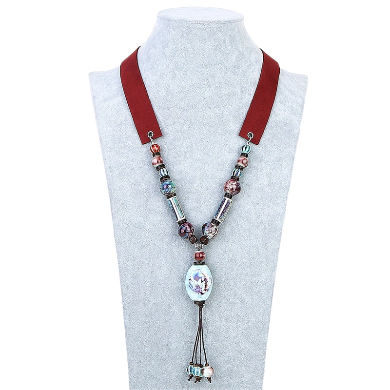 Southwest Boho Suede & Ceramic Fringe Necklace