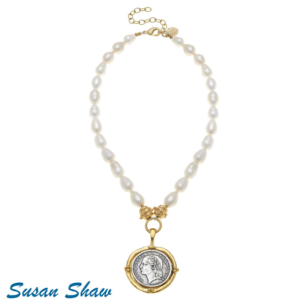 Handcast Coin on Pearl Necklace