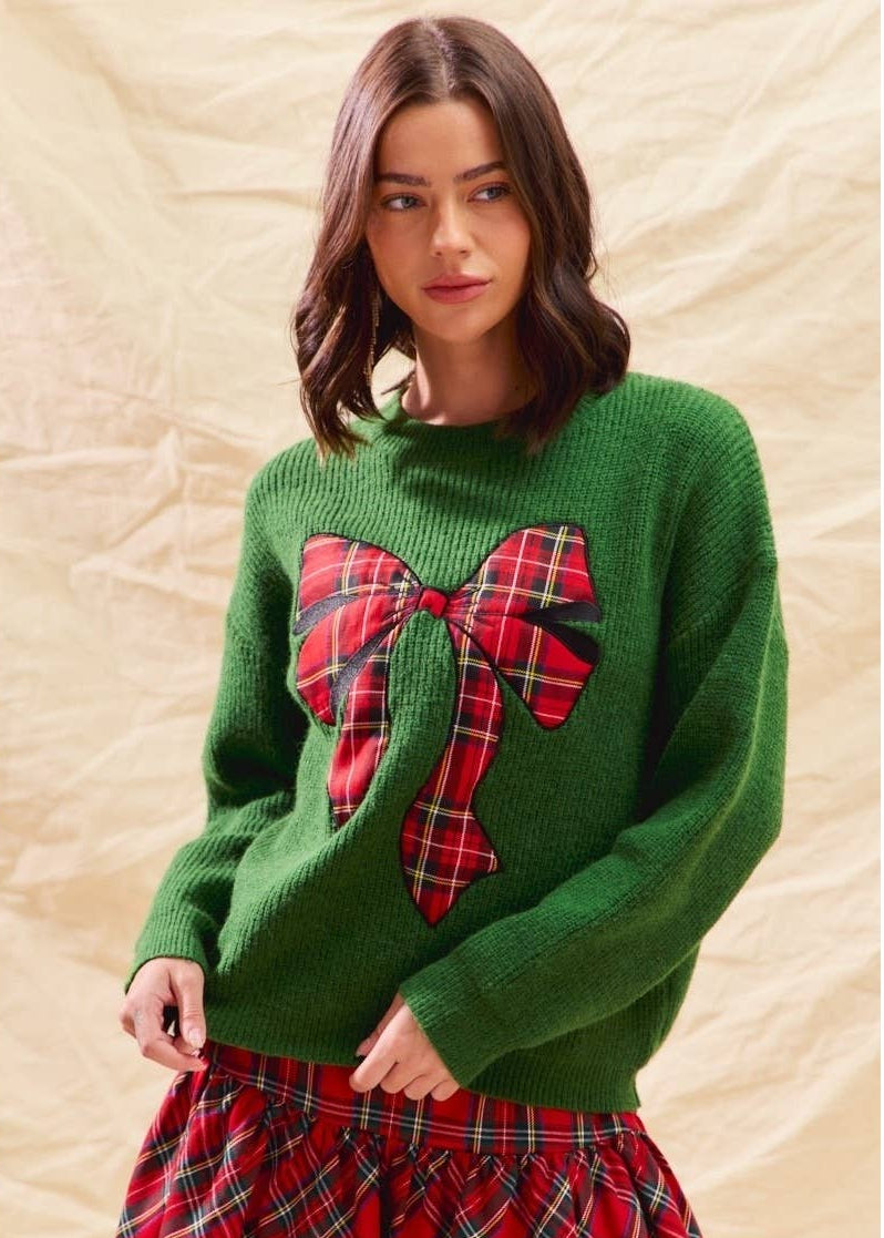 Plaid Ribbon Christmas Holiday Sweater