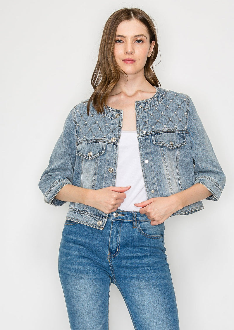 Daphne Denim Jacket with Studs & Pearls