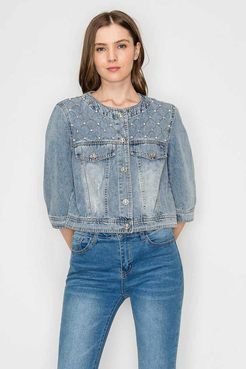 Daphne Denim Jacket with Studs & Pearls