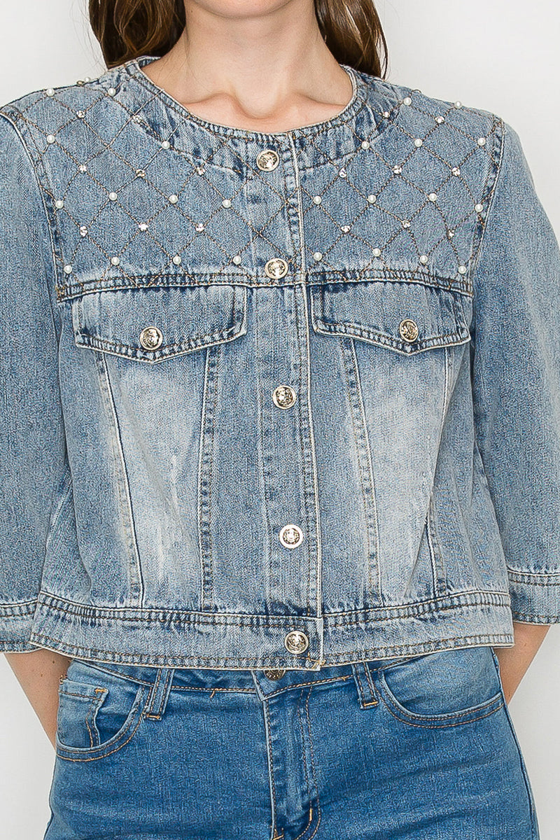 Daphne Denim Jacket with Studs & Pearls