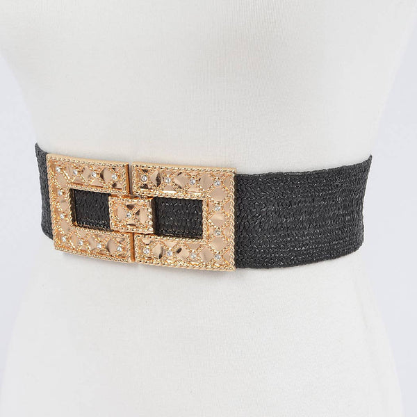 Rhinestone Buckle Stretch Straw Belt