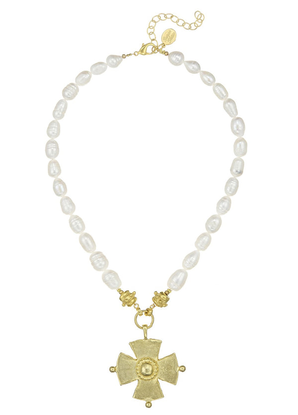 Gold Cross Necklace on Pearl