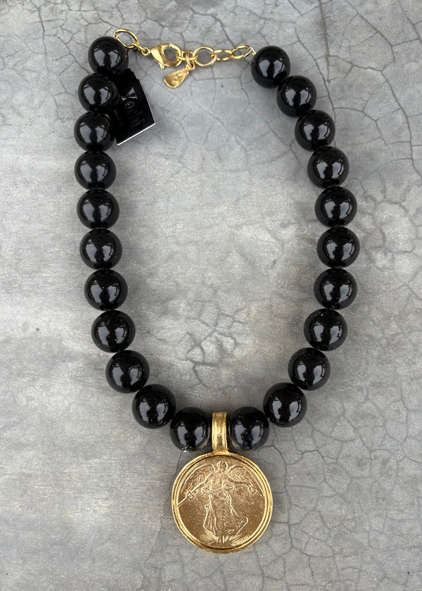 Black Bead Gold Angel Coin Necklace