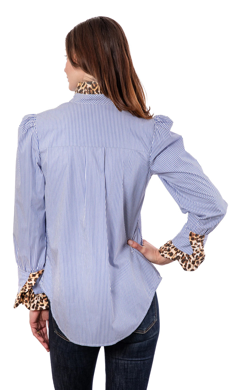 Blue Striped Puff Sleeve Top with Cheetah Collar and Cuff