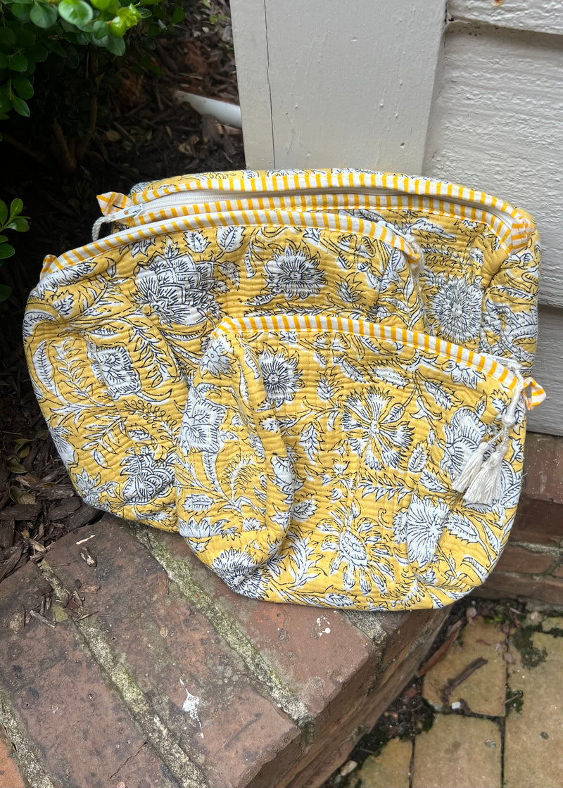 3 Piece Block Printed Cotton Cosmetic Bags