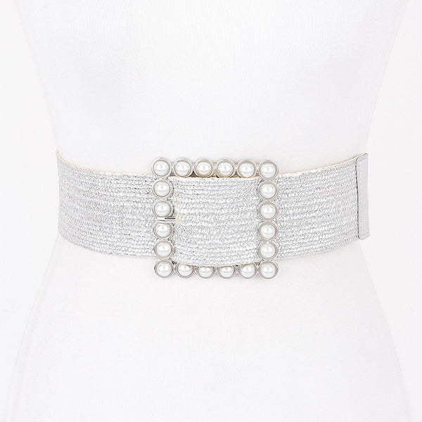 Wide Pearl Buckle Elastic Belt