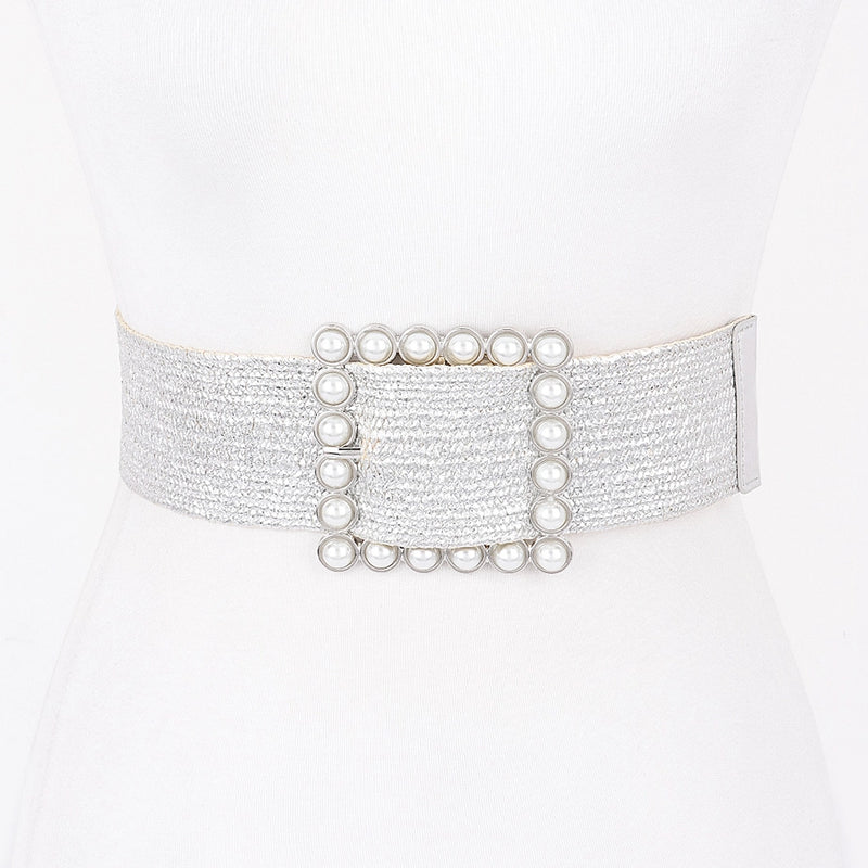 Wide Pearl Buckle Elastic Belt - 2 Colors