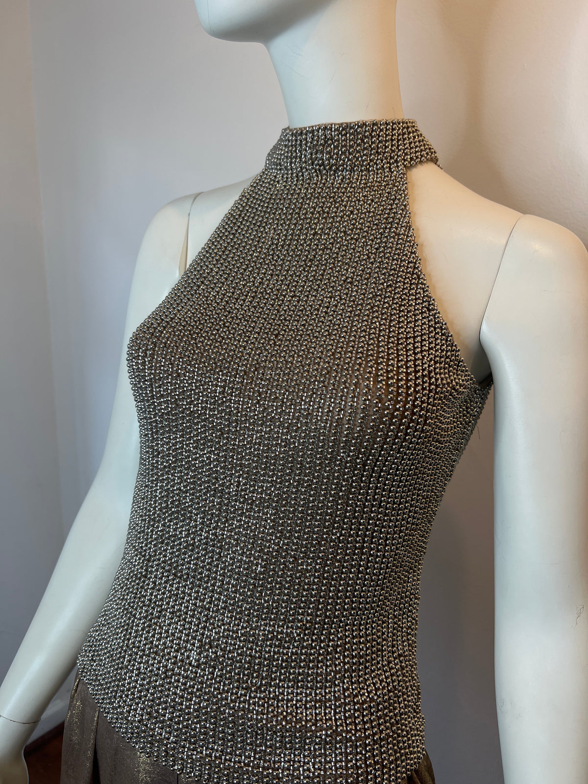 Metal Pearl Encrusted Sleeveless Mock Neck