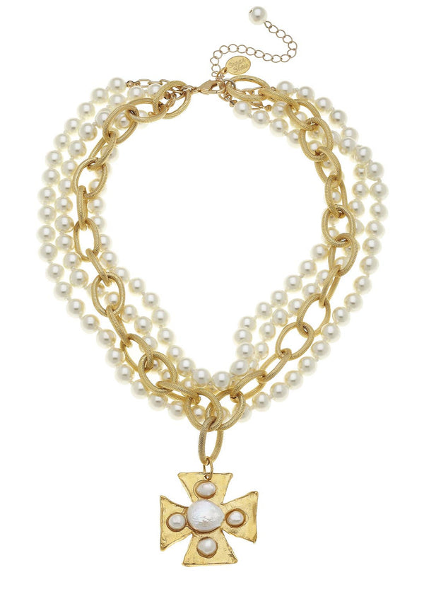 Maltese Cross Multi-Strand Pearl Necklace