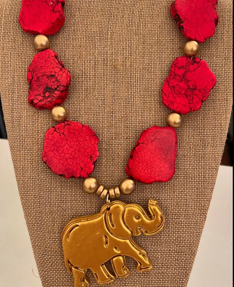 Red Slab Nugget Elephant Necklace