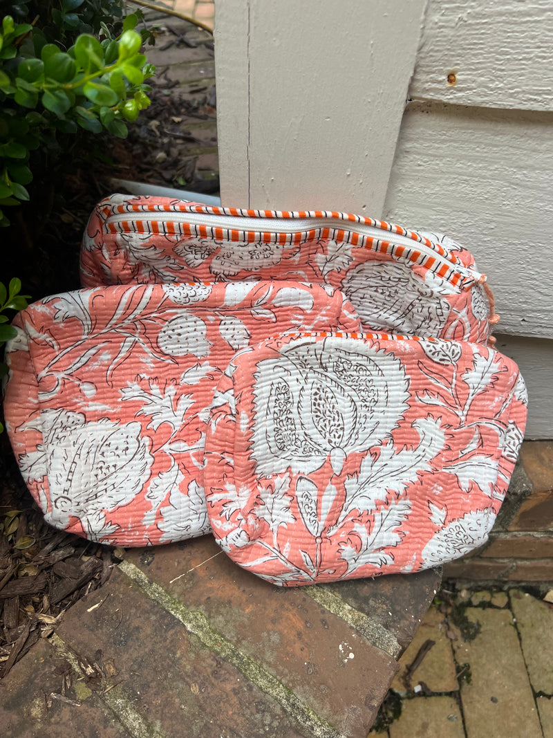 3 Piece Block Printed Cotton Cosmetic Bags
