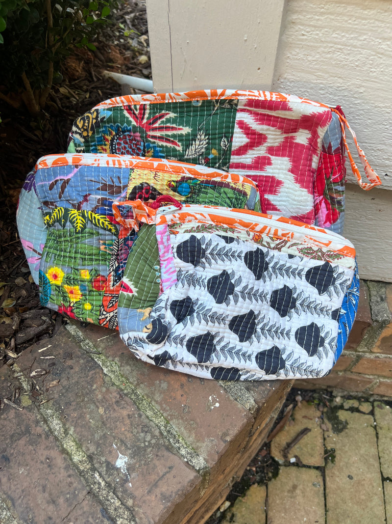 3 Piece Block Printed Cotton Cosmetic Bags