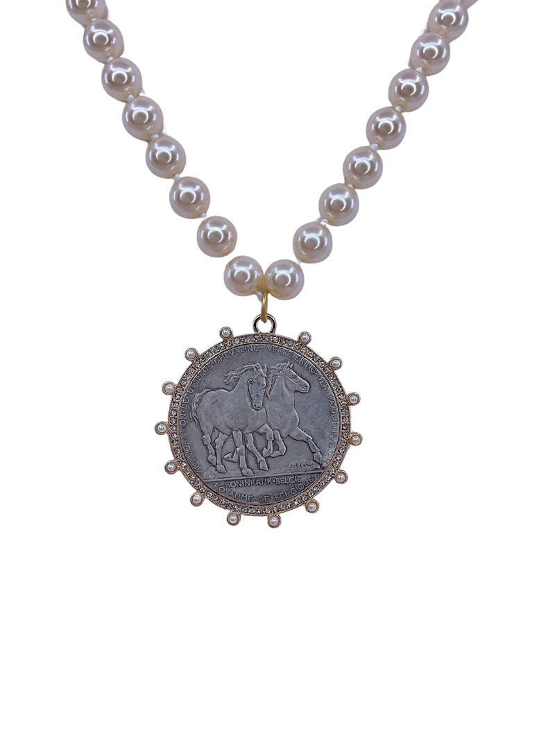 Pearl Necklace w/ Silver Horse Medallion