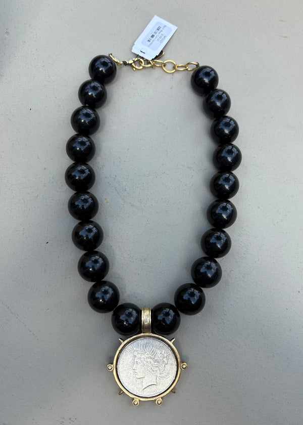 Black Bead Coin Necklace
