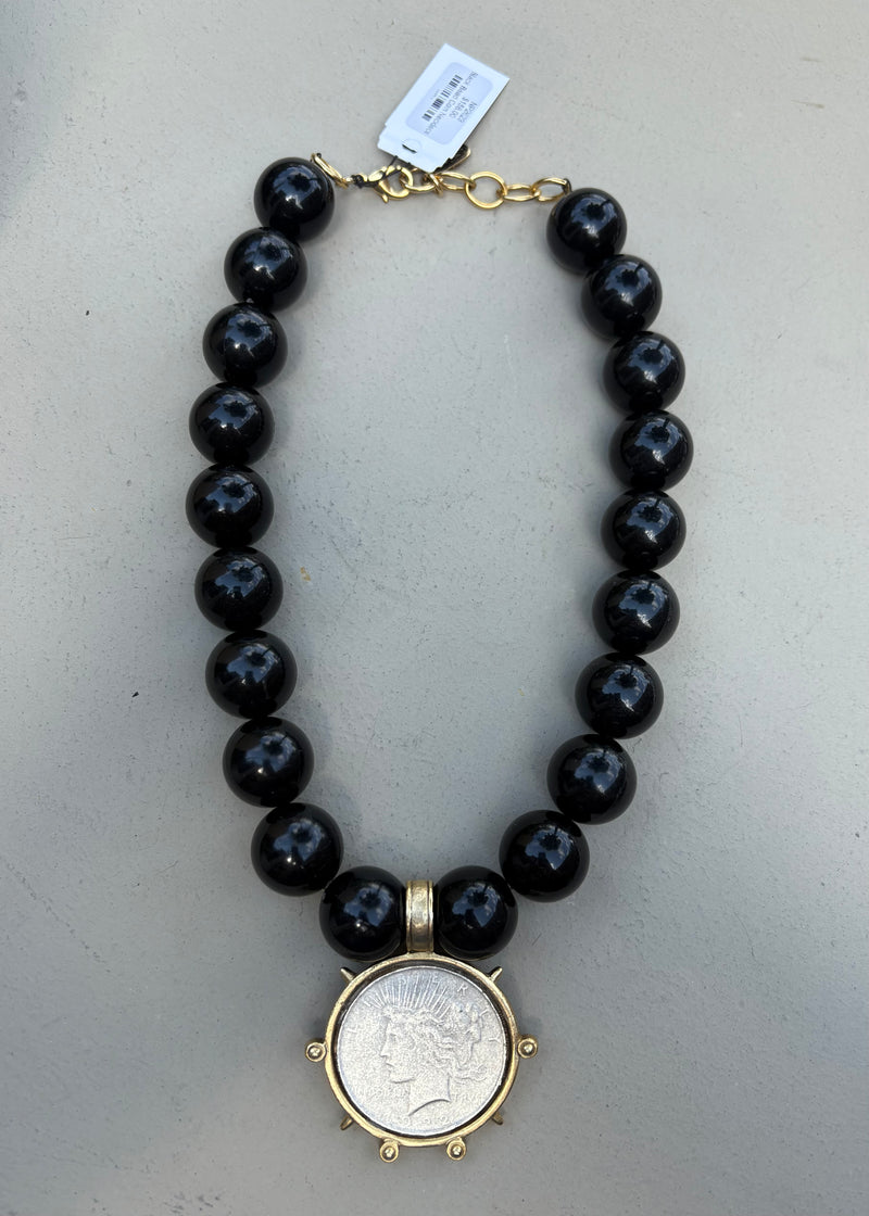 Black Bead Coin Necklace