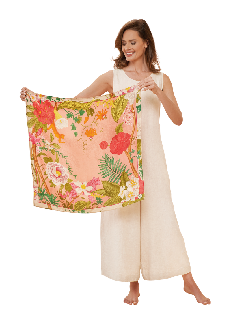 Silk Tropical Floral and Fauna Scarf