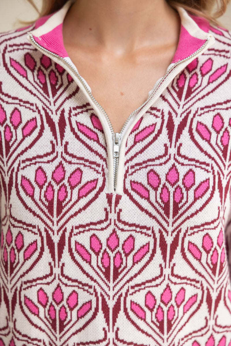 Quarter Zip Floral Sweater Top