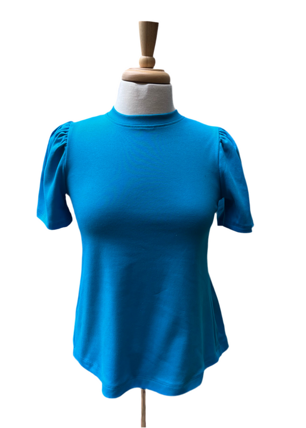 Rib Short Puff Sleeve Pleated Shirt