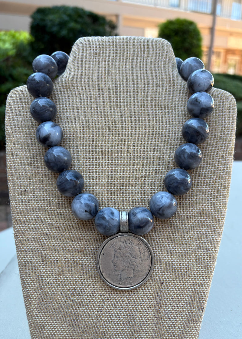 Grey Bead Liberty Coin Necklace